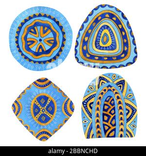 Wasserfarbensatz mit separaten geometrischen Formen. Heller ethnischer moderner Stil mit afrikanischen Motiven. Ideal für Textil, Stoff, Kachel, Umhüllung. Stockfoto