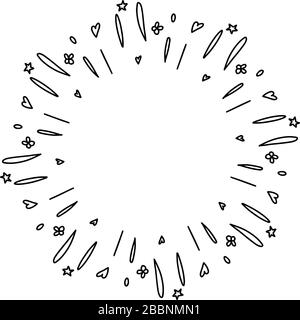 Abstrakter Doodle-Vektor-Rahmen. Spritzen Sie mit Linien, Sternen, Herz, Tropfen. Isoliert auf weißem Hintergrund. Stock Vektor