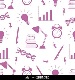 Vector Education nahtlose Musterabbildung mit Büchern, Lampe, dna-Kette, Stift, Wecker, Glühbirne, Zeitplan. Lernen, unterrichten, lernen, Konce Stock Vektor