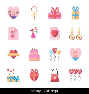 Set Design mit Füllstyle-Symbolen, Happy Mothers Day Love Relationship Decoration Begrüßung und Einladung Thema Vector Illustration Stock Vektor