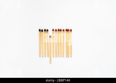 Social Distancing Konzept Stay Home as #stayhome. Matchstäbchen brennen, ein Stück verhindert, dass sich das Feuer ausbreitet Stockfoto