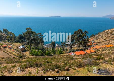 Isla del Sol oder Insel der Sonne, Titicacasee, Department La Paz, Anden Mountains, Bolivien, Lateinamerika Stockfoto