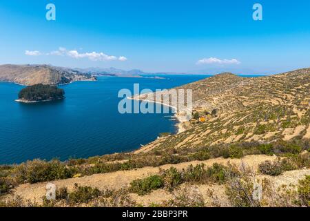 Isla del Sol oder Insel der Sonne, Titicacasee, Department La Paz, Anden Mountains, Bolivien, Lateinamerika Stockfoto