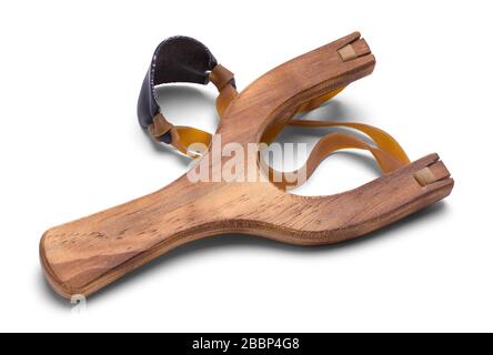 Wood Toy Slingshot isoliert auf weißem Hintergrund. Stockfoto