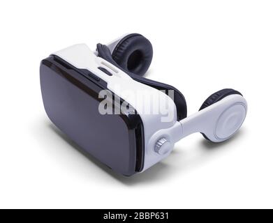 Virtual Reality Helm mit Kopfhörer isoliert auf Weiß. Stockfoto