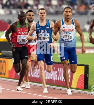 DOHA - KATAR - 29. Sept.: Elliot Giles (GB & NI), Clayton Murphy (USA) und Ferguson Cheruiyot Rotich (KEN), die tagsüber im 800-m-Halbfinale gegeneinander antreten Stockfoto