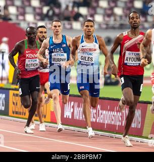 DOHA - KATAR - 29. Sept.: Elliot Giles (GB & NI), Clayton Murphy (USA) und Ferguson Cheruiyot Rotich (KEN), die tagsüber im 800-m-Halbfinale gegeneinander antreten Stockfoto