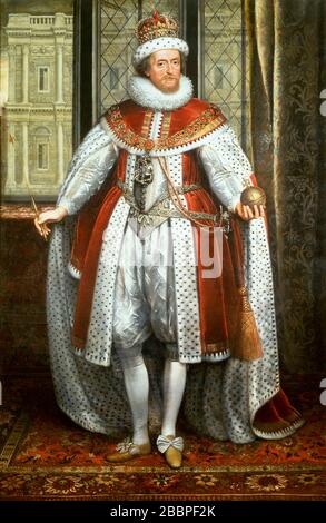 JAMES I. und VI (1566-1625) König von Schottland als James VI. Und England und Irland als James I. Porträt von Paul van Somer um 1620. Stockfoto