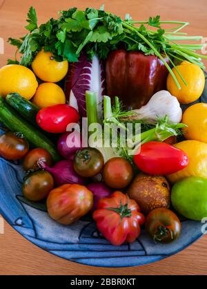 Bunte Schüssel mit frischem Obst und Gemüse: Chicoree, Petersiliekraut, Zwiebeln, Zucchini, Fenchel, Tomaten, Zitronen, Limetten, Pfeffer und Knoblauch Stockfoto