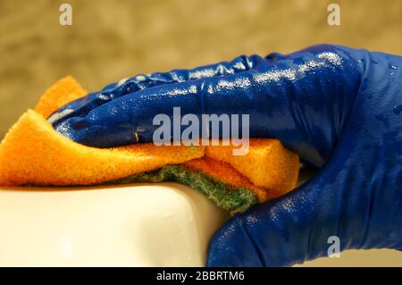 Mädchen mit blauen Gummihandschuhen und einem Schwamm reinigen das Badezimmer Stockfoto