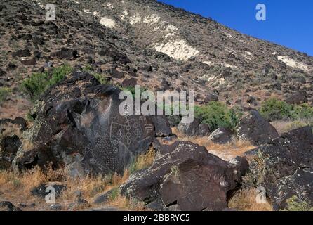 Petroglyphen in der Nähe von Karte Rock, Boise Bezirk Bureau of Land Management, Idaho Stockfoto