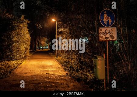 Fußgängerweg durch einen Park, abends dunkel nur wenig Beleuchtung durch Straßenlampen, Stockfoto