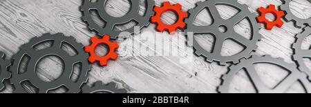 Red Leader Zahnräder Panoramablick auf das Konzept. 3D-Rendering Stockfoto