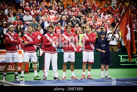 NOVI SAD - 22. JANUAR: Schweizer Davis-Cup-Team, Roger FEDERER, Stanislas WAWRINKA, Marco CHIUDINELLI, Michael LAMMER während der Davis-Cup-Match-Wette Stockfoto