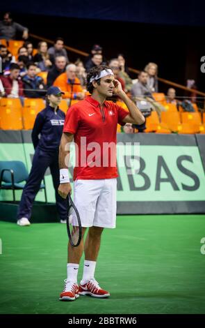 NOVI SAD - 31. JANUAR: ROGER FEDERER aus der Schweiz beim Davis-Cup-Spiel zwischen Serbien und der Schweiz, 31. Januar 2014, Novi Sad, Serbien Stockfoto