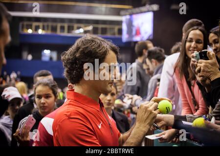 NOVI SAD - 31. JANUAR: ROGER FEDERER aus der Schweiz beim Davis-Cup-Spiel zwischen Serbien und der Schweiz, 31. Januar 2014, Novi Sad, Serbien Stockfoto