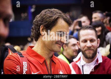 NOVI SAD - 31. JANUAR: ROGER FEDERER aus der Schweiz beim Davis-Cup-Spiel zwischen Serbien und der Schweiz, 31. Januar 2014, Novi Sad, Serbien Stockfoto