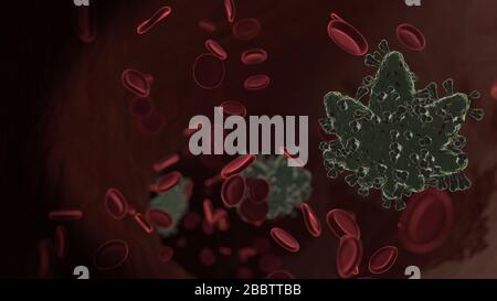 Mikroskopische 3D-Darstellung des Virus, das als Symbol für Cannabisblätter in der Vene mit roten Blutkörperchen geformt wurde Stockfoto