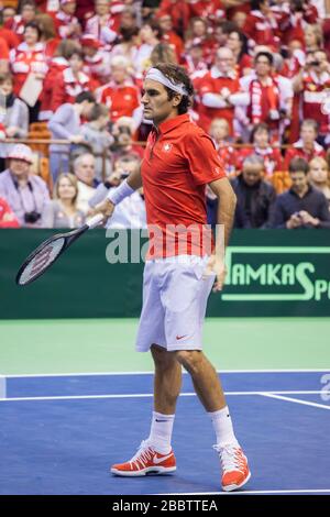 NOVI SAD - 31. JANUAR: ROGER FEDERER aus der Schweiz beim Davis-Cup-Spiel zwischen Serbien und der Schweiz, 31. Januar 2014, Novi Sad, Serbien Stockfoto