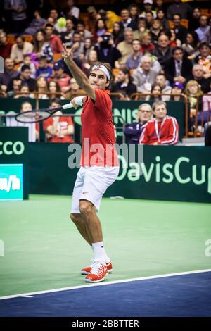 NOVI SAD - 31. JANUAR: ROGER FEDERER aus der Schweiz beim Davis-Cup-Spiel zwischen Serbien und der Schweiz, 31. Januar 2014, Novi Sad, Serbien Stockfoto