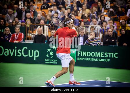 NOVI SAD - 31. JANUAR: ROGER FEDERER aus der Schweiz beim Davis-Cup-Spiel zwischen Serbien und der Schweiz, 31. Januar 2014, Novi Sad, Serbien Stockfoto