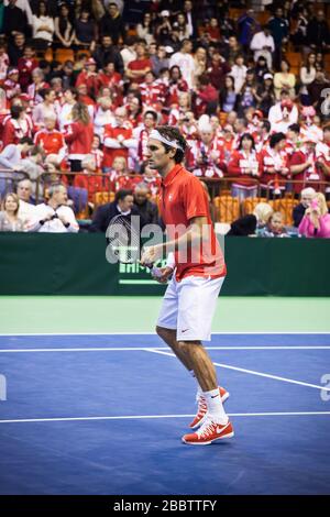 NOVI SAD - 31. JANUAR: ROGER FEDERER aus der Schweiz beim Davis-Cup-Spiel zwischen Serbien und der Schweiz, 31. Januar 2014, Novi Sad, Serbien Stockfoto