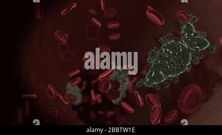 Mikroskopisch kleine 3D-Darstellung des Virus, der als Symbol für Karotte in der Vene mit roten Blutzellen geformt wurde Stockfoto