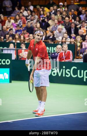 NOVI SAD - 31. JANUAR: ROGER FEDERER aus der Schweiz beim Davis-Cup-Spiel zwischen Serbien und der Schweiz, 31. Januar 2014, Novi Sad, Serbien Stockfoto