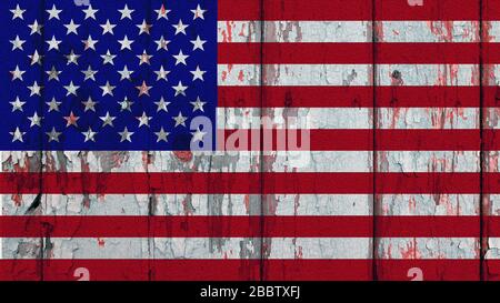 Die Konturen der amerikanischen Flagge auf einer zerrissenen alten Holzwand Stockfoto