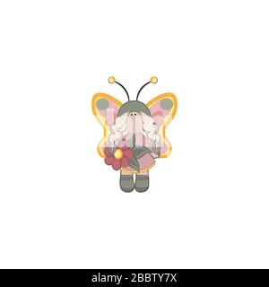 Fee mit gelben Flügeln und einem pinkfarbenen Kleid mit einer Blume in der Hand Mädchen Feenfigur Schmetterling Zauberin Vektor Kinder Illustration Zeichnung Stock Vektor
