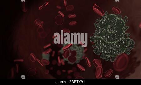 Mikroskopisch kleine 3D-Darstellung des Virus, das als Symbol für eine Blume mit Blättern in der Vene mit roten Blutzellen geformt wurde Stockfoto