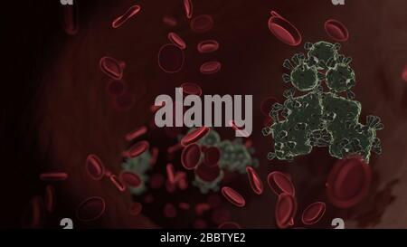 Mikroskopisch kleine 3D-Darstellung des Virus als Symbol der Weihnachtsbeere mit zwei Blättern in der Vene mit roten Blutzellen Stockfoto