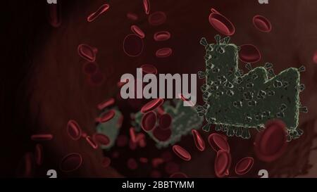 Mikroskopisch kleine 3D-Darstellung des Virus, das als Symbol für das Fabrikgebäude in der Vene mit roten Blutzellen geformt wurde Stockfoto