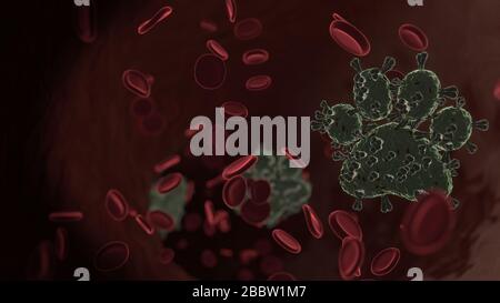 Mikroskopisch kleine 3D-Darstellung des Virus, das als Symbol für tierische Pfote in der Vene mit roten Blutzellen geformt wurde Stockfoto
