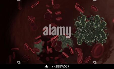 Mikroskopisch kleine 3D-Darstellung des Virus, das als Symbol der Spinne in der Vene mit roten Blutzellen geformt wurde Stockfoto