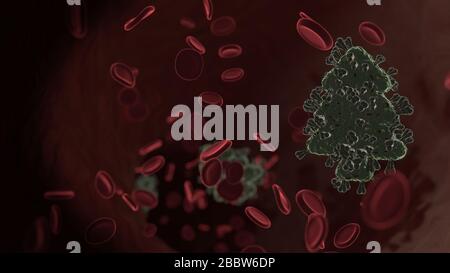 Mikroskopische 3D-Darstellung des Virus, das als Symbol für Nadelbaum in der Vene mit roten Blutkörperchen geformt wurde Stockfoto