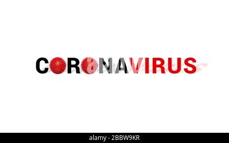 INSCHRIFTENKRONAVIRUS mit abstraktem roten Virus-Strain-Modell auf Weiß. Banner mit Logotyp Wort mit roten Kugeln Stockfoto