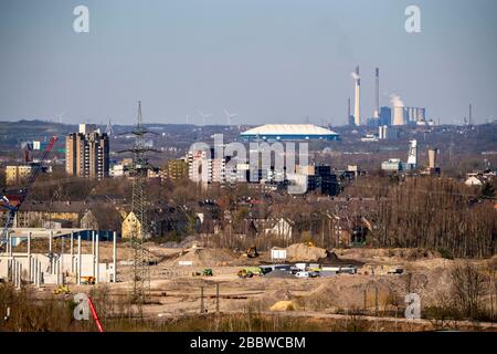 Blick über Gelsenkirchen, Richtung Norden, Veltins Arena, Schalke-Arena, Uniper Kraftwerke GmbH, Kohlekraftwerk Scholven, Stockfoto