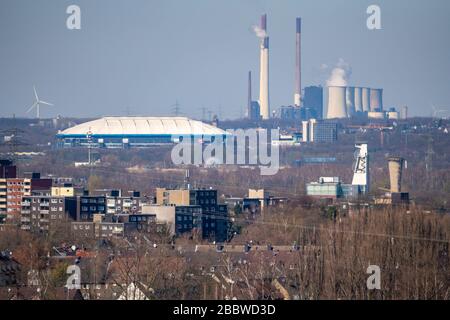 Blick über Gelsenkirchen, Richtung Norden, Veltins Arena, Schalke-Arena, Uniper Kraftwerke GmbH, Kohlekraftwerk Scholven, Stockfoto