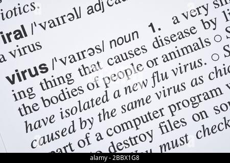 Virenwort Bedeutung und Definitionstext im englischen Wörterbuch, Text des Virusworts schließen Stockfoto