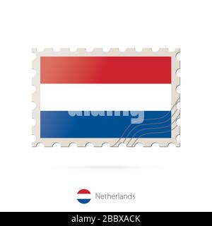 Briefmarke mit dem Bild der niederländischen Flagge. Niederlande Flag Porto auf weißem Hintergrund mit Schatten. Vektorstempel. Briefmarke und Niederlande Stock Vektor