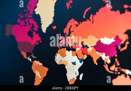 Weltkarte mit Coronavirus Kovid-19-Pandemie-Virus, Schwerpunkt Europa. Stockfoto
