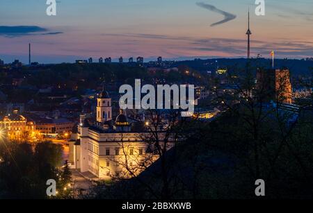 Blick auf die Altstadt von Wilna vom Dreikreuzberg in der Nacht. Stockfoto