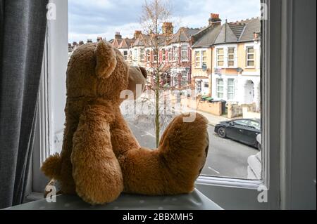 Teddybär aus einem Fenster, das nach einem vorbeiziehenden Kind sucht, um es bei der "Bärenjagd" während der Coronavirus-Pandemie zu entdecken. Stockfoto