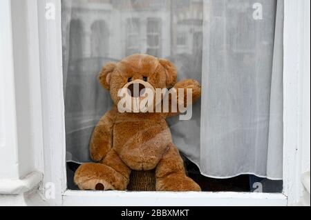 Der Teddybär, der aus einem Fenster rast und winkt, wartet darauf, dass ein vorbeigehendes Kind es bei der "Bärenjagd" während der Coronavirus-Pandemie findet. Stockfoto