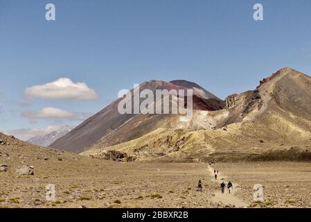 Mount Ngauruhoe und der Rote Krater auf der Tongariro-Kreuzung mit Spur im Vordergrund, Neuseeland Stockfoto