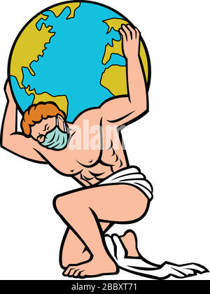 Darstellung im Retro-Stil von Atlas, einem Titan in der griechischen Mythologie, mit einer chirurgischen Maske, Anheben, Aufhalten und tragen der Welt auf seiner Schulter Stock Vektor