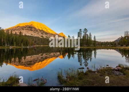 Sonnenaufgang auf dem bald Mountain spiegelt sich in Mirror Lake, Wasatch-Cache National Forest, Uinta Mountains, Utah Stockfoto