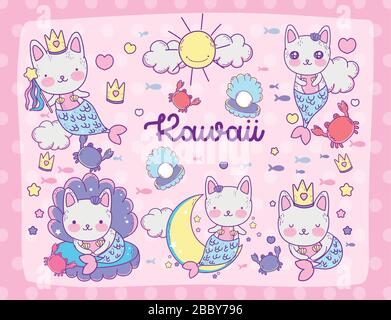 Kawaii Katzen Sirenen speichern Cartoons Design, Ausdruck süßer Charakter witzig und Emoticon Thema Vector Illustration Stock Vektor