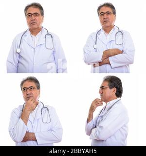 Collage des höheren persischen Mannes Doktor, der mit den Armen überfahren dachte Stockfoto